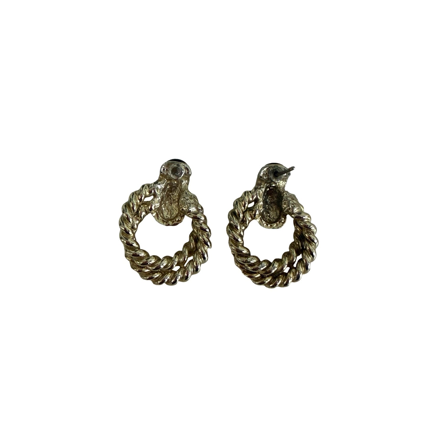 Vintage Gold Tone Black Enamel Door Knocker Earrings Twisted Rope Statement
