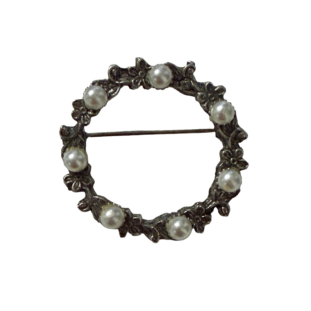 Vintage Silver Tone Faux Pearl Floral Wreath Brooch 1.25 Inch