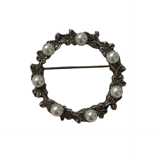 Vintage Silver Tone Faux Pearl Floral Wreath Brooch 1.25 Inch