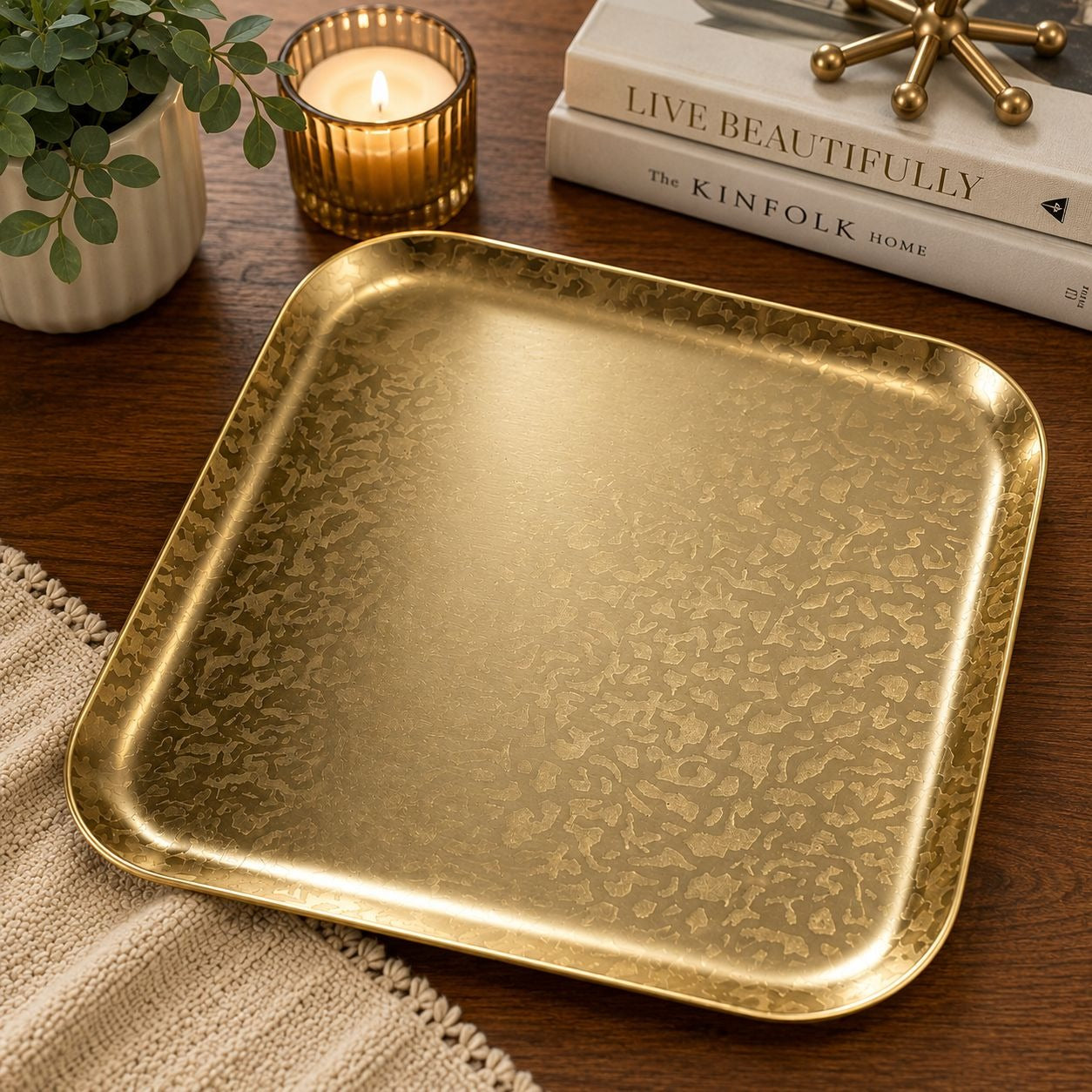 Vintage Kensington More Gold Tone Metal Serving Tray 10.75" Square Textured Vanity Catchall