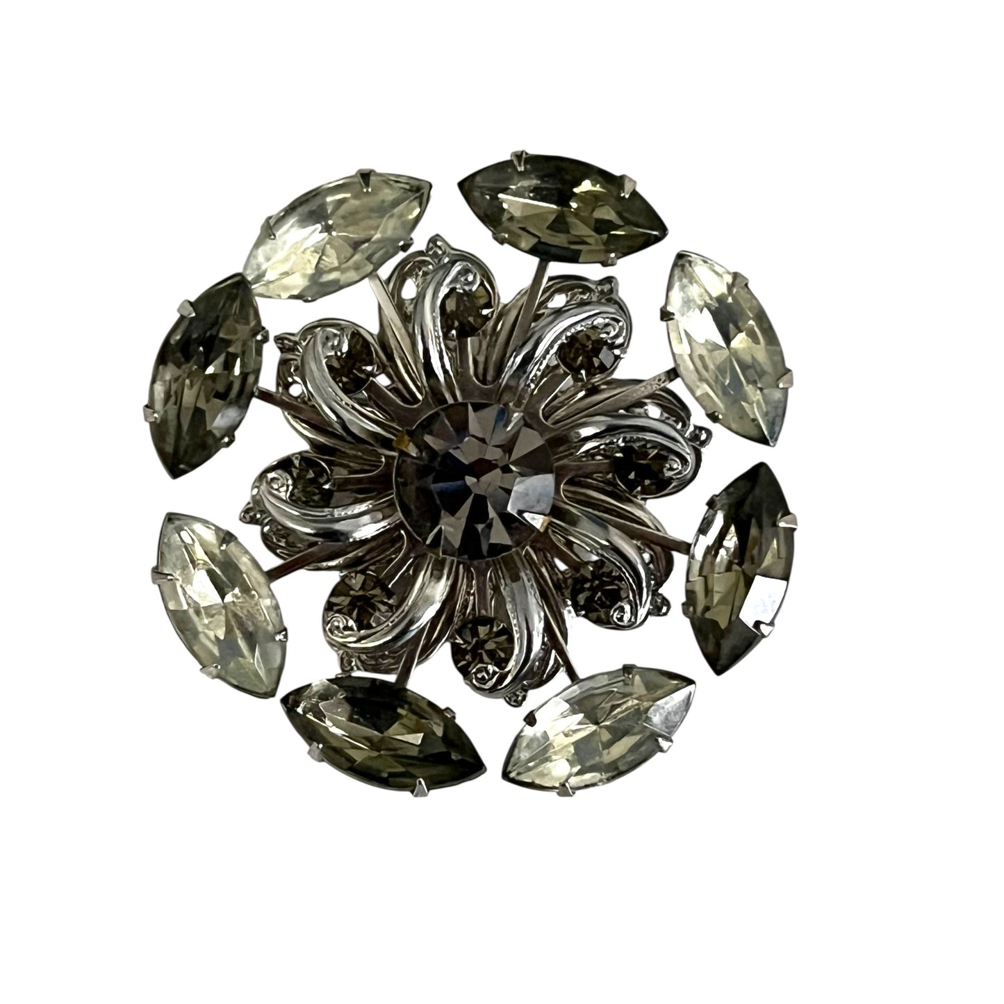 Vintage Silver Tone Rhinestone Floral Brooch Gray Navette Crystal Pin Statement Jewelry