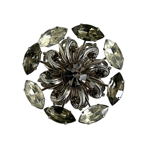 Vintage Silver Tone Rhinestone Floral Brooch Gray Navette Crystal Pin Statement Jewelry