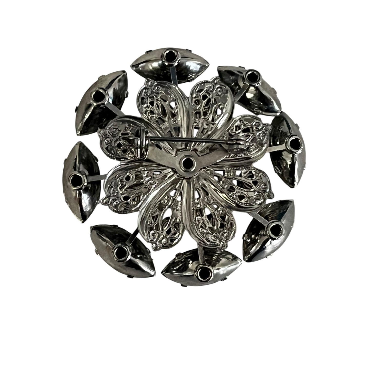Vintage Silver Tone Rhinestone Floral Brooch Gray Navette Crystal Pin Statement Jewelry