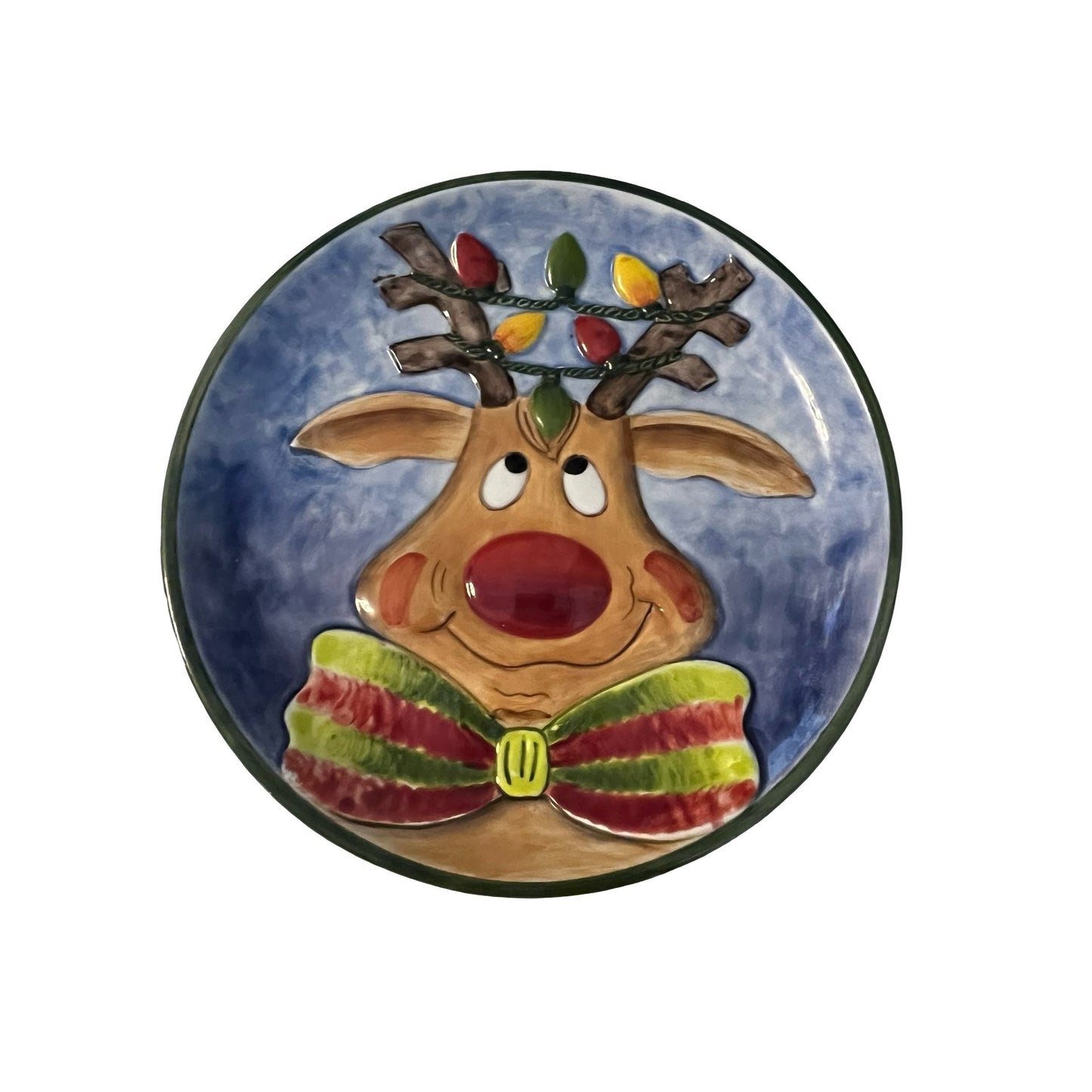 Clay Art Reindeer Plate Christmas Hand Painted 2003 Holiday Dessert Plate 8 Inch