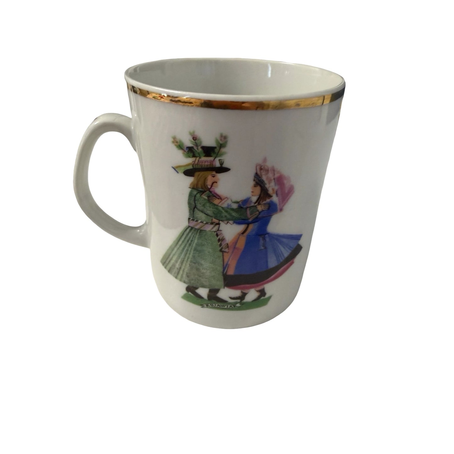 Vintage Polish Folk Dance Porcelain Mug Kujawiak Gold Trim Folk Art Coffee Cup