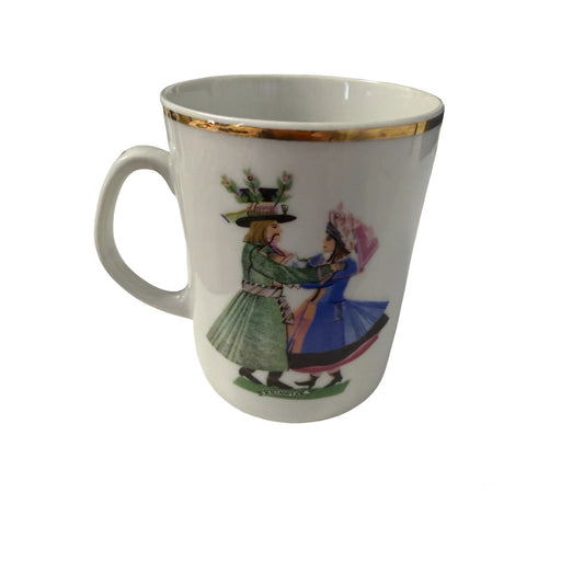 Vintage Polish Folk Dance Porcelain Mug Kujawiak Gold Trim Folk Art Coffee Cup