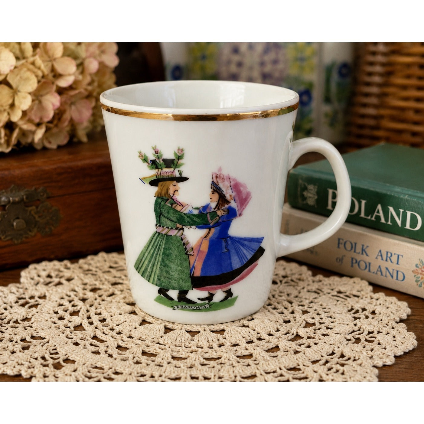 Vintage Polish Folk Dance Porcelain Mug Kujawiak Gold Trim Folk Art Coffee Cup
