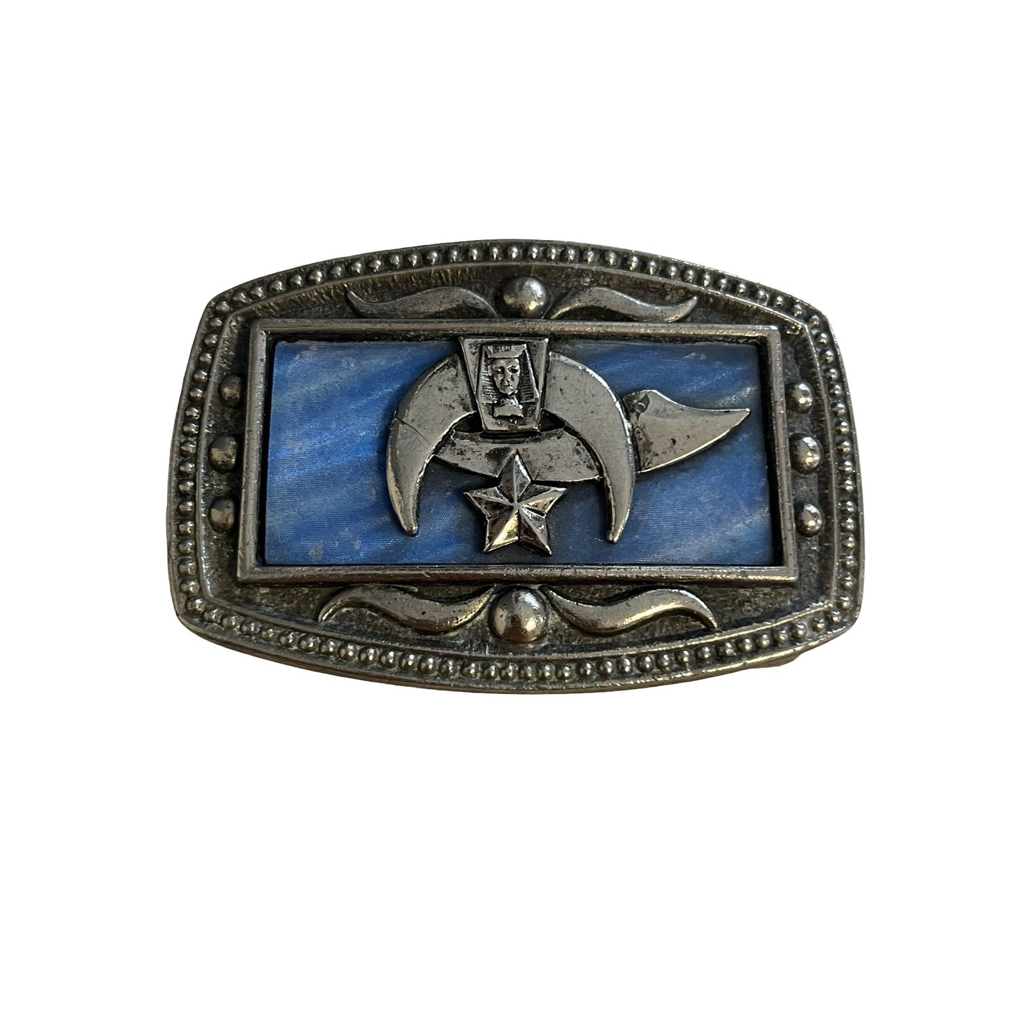 Vintage CII New York Belt Buckle Egyptian Revival Shriner Style Blue Enamel Sphinx Crescent Star 3.5”