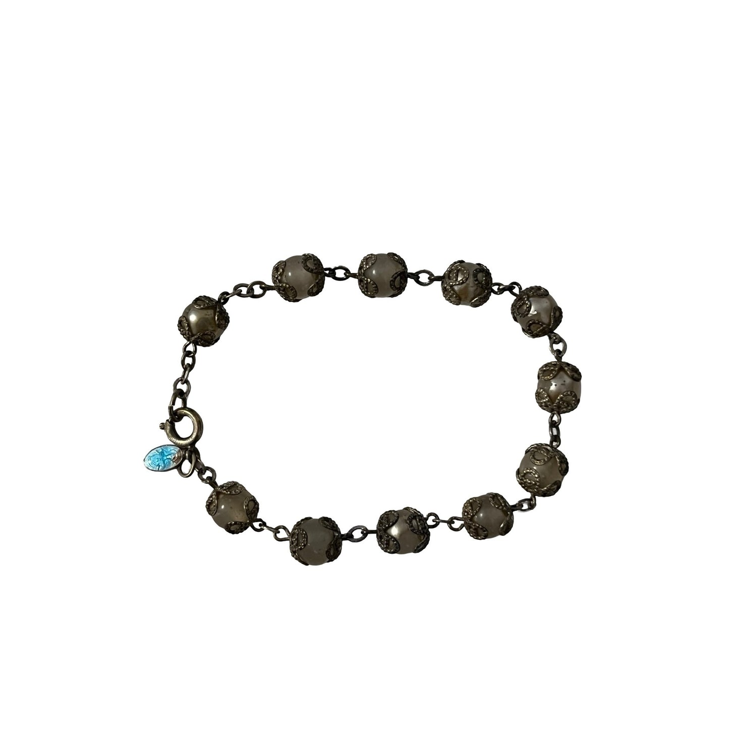Vintage Beaded Bracelet Sterling Clasp Silver Tone Filigree Gray Beads Blue Charm 1980s