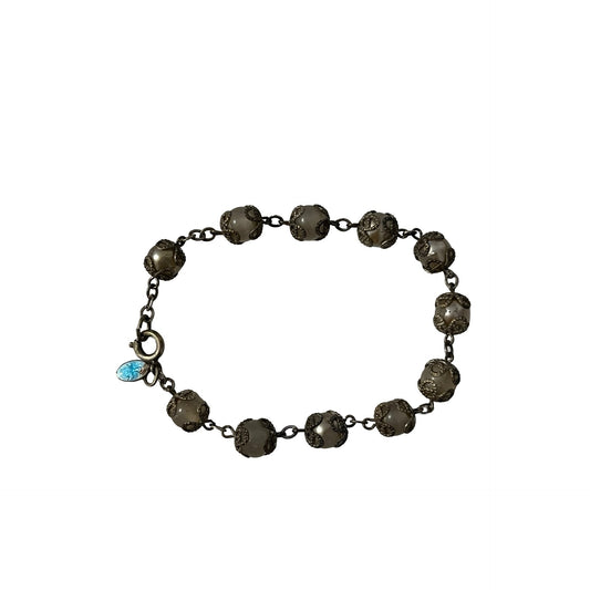 Vintage Beaded Bracelet Sterling Clasp Silver Tone Filigree Gray Beads Blue Charm 1980s