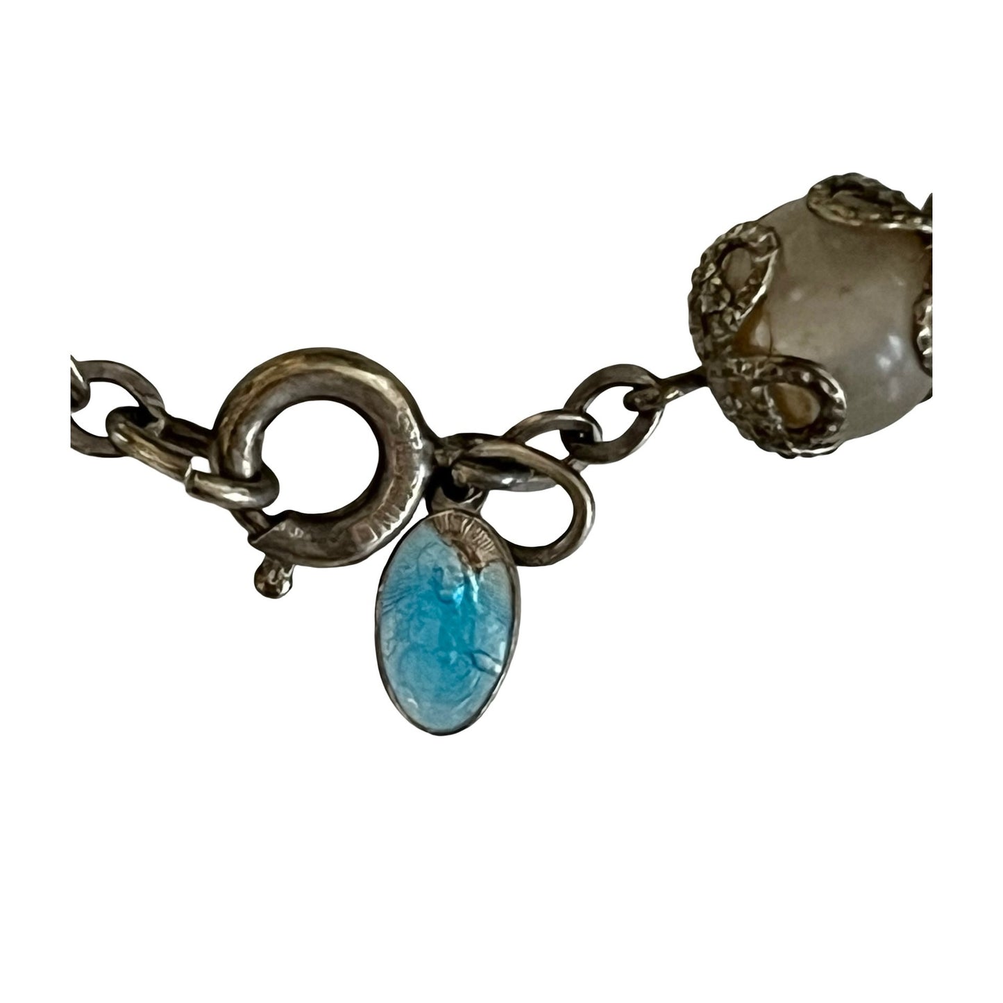 Vintage Beaded Bracelet Sterling Clasp Silver Tone Filigree Gray Beads Blue Charm 1980s