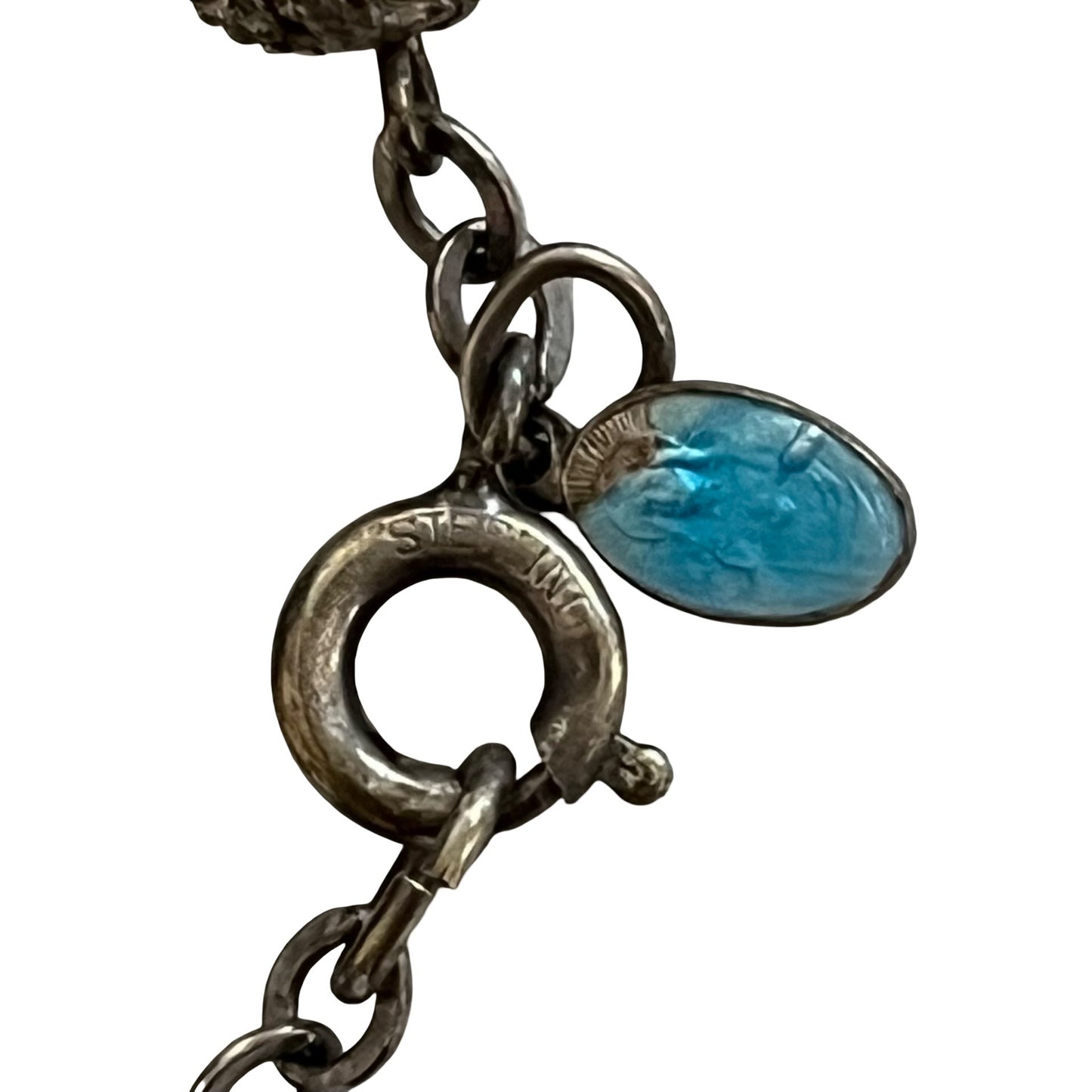 Vintage Beaded Bracelet Sterling Clasp Silver Tone Filigree Gray Beads Blue Charm 1980s