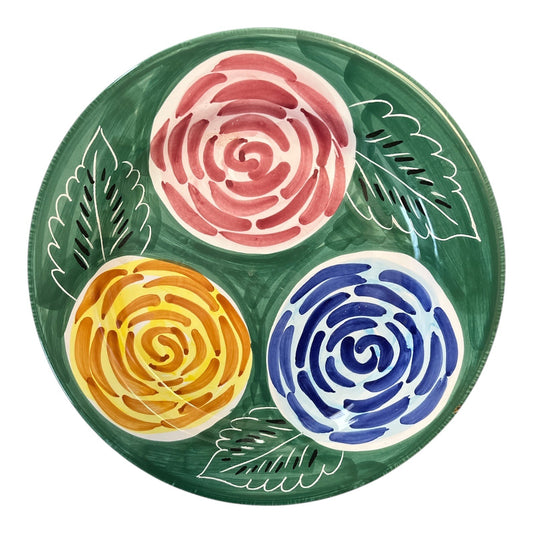 Hand-Painted Pier 1 Large Ceramic Plate With Floral Design 13" Green Blue Yellow & Red Colors Minor Edge Chip