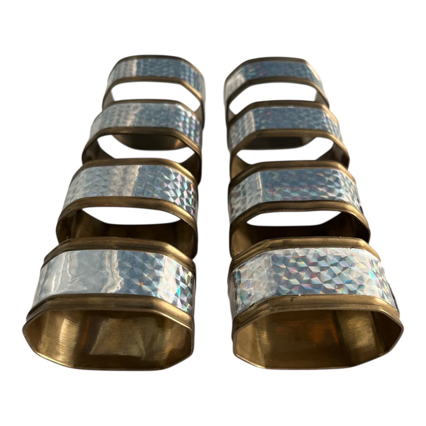 Vintage 1970s Brass Napkin Rings Iridescent Holographic Geometric Set of 8