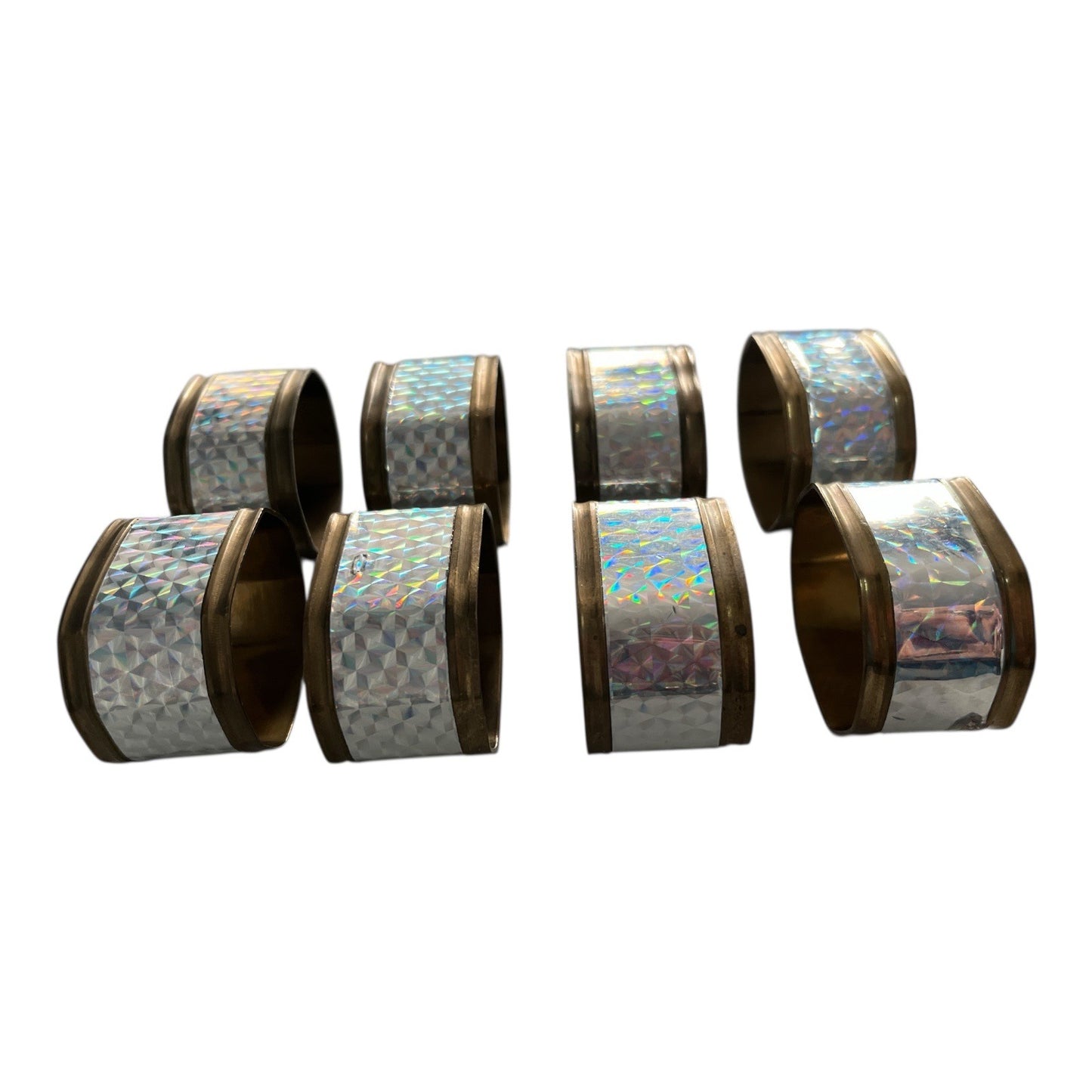 Vintage 1970s Brass Napkin Rings Iridescent Holographic Geometric Set of 8