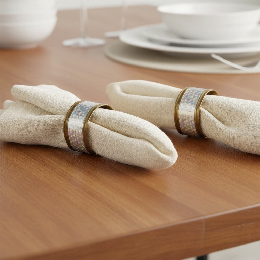 Vintage 1970s Brass Napkin Rings Iridescent Holographic Geometric Set of 8