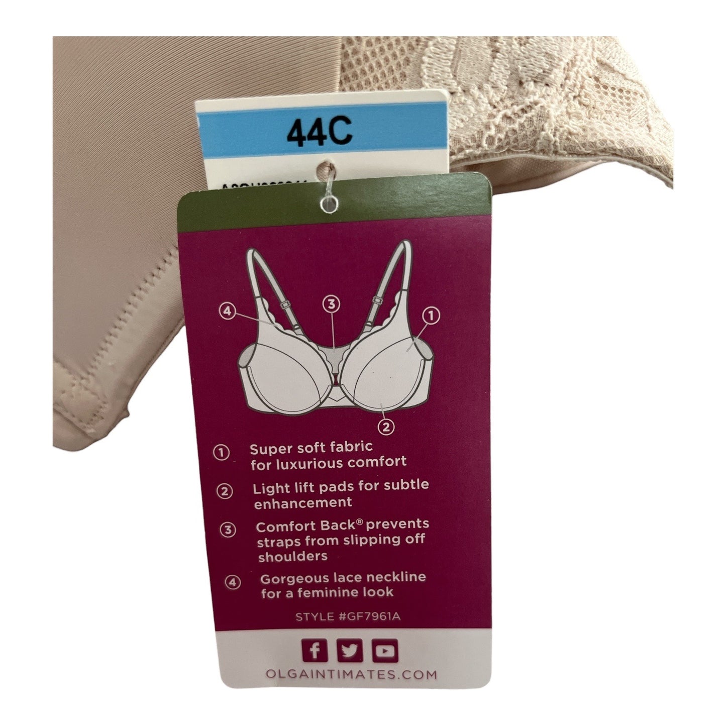 Olga Cloud 9 Underwire Bra 44C Beige Lace Light Lift Super Soft NWT