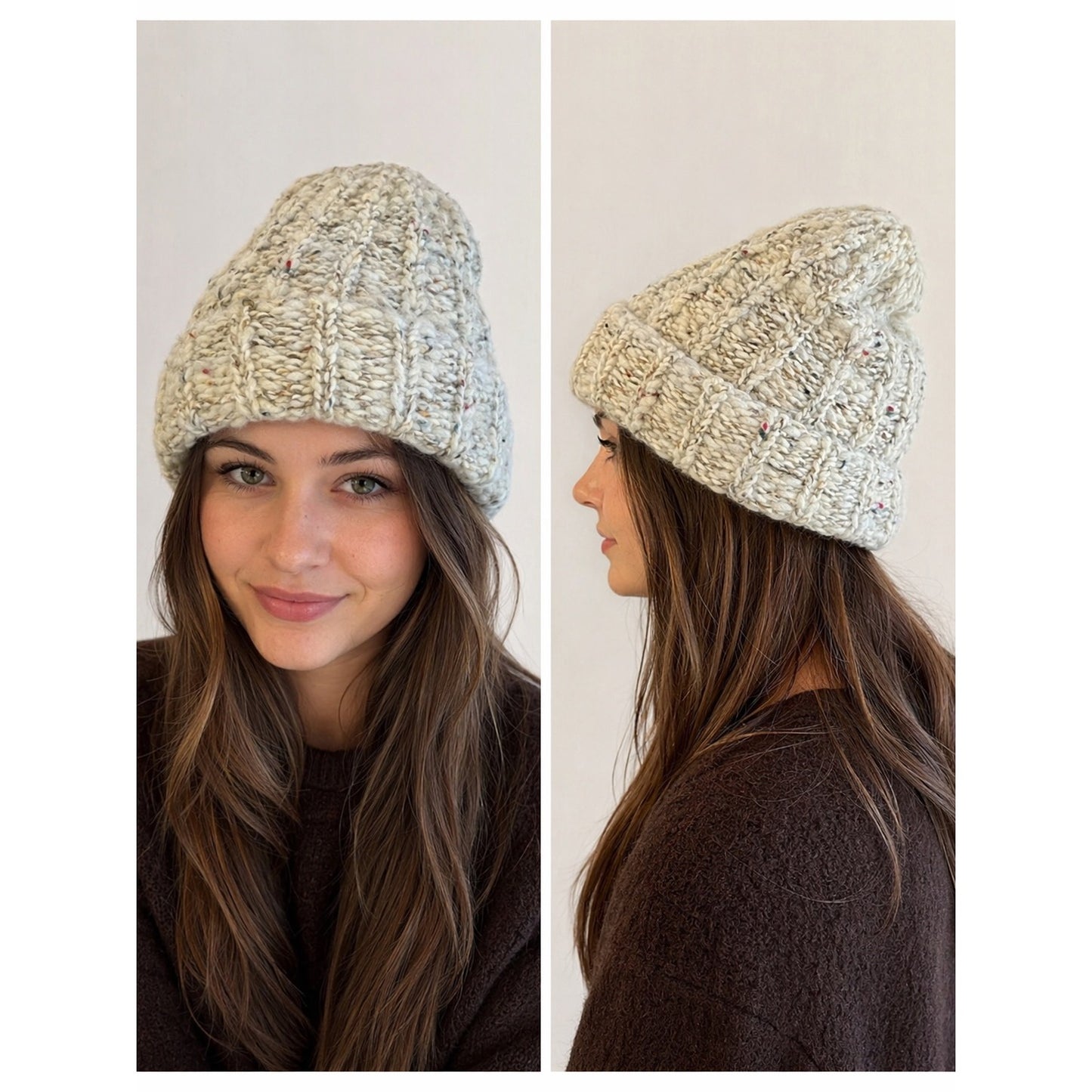 Vintage Plymouth Italy Knit Beanie Hat Chunky Wool Mohair Speckled Cream Fisherman Cap