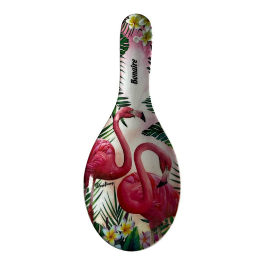 Bonaire Souvenir Ceramic Spoon Rest – Pink Flamingos Tropical Flowers – @giftcorp