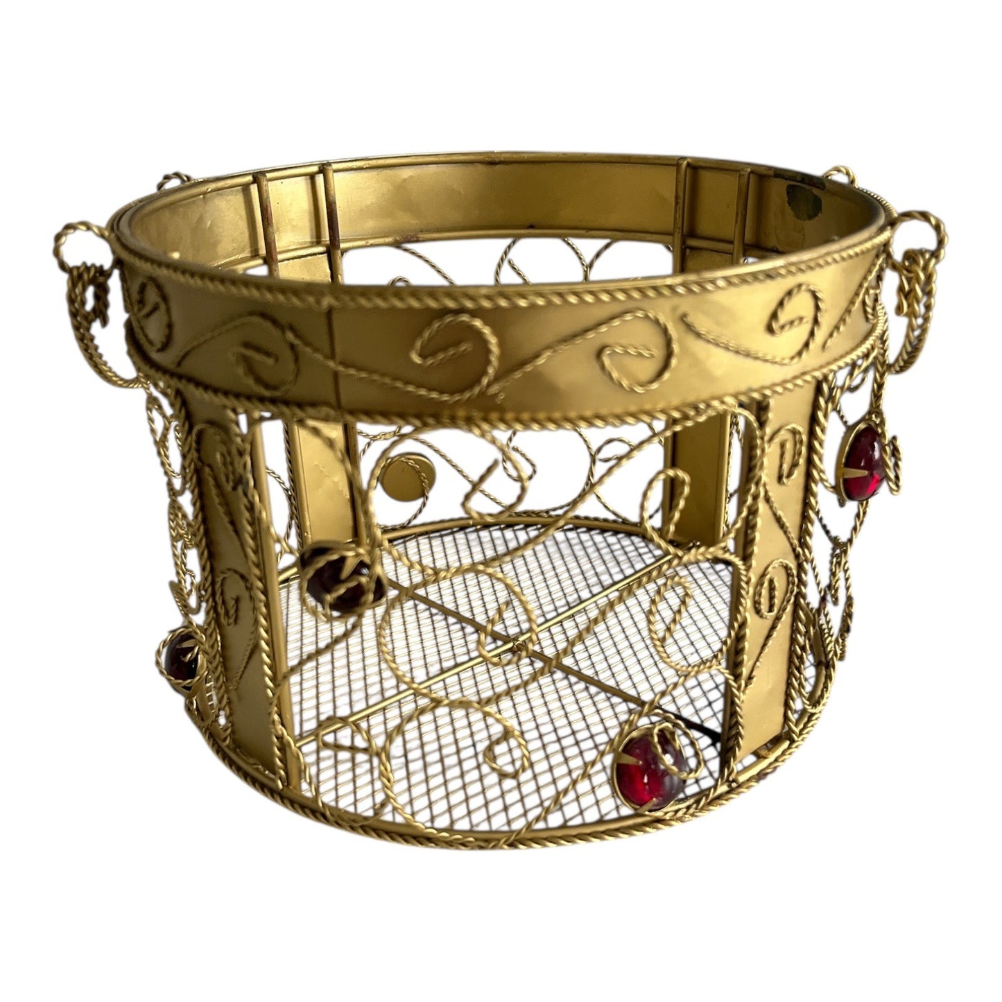 1990s Gold Wire Metal Candle Holder with Red Gem Accents – Round Scroll Design – 7x5