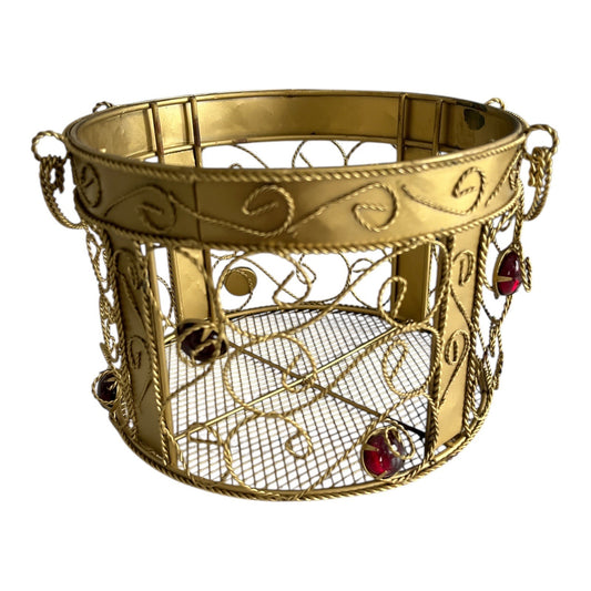 1990s Gold Wire Metal Candle Holder with Red Gem Accents – Round Scroll Design – 7x5