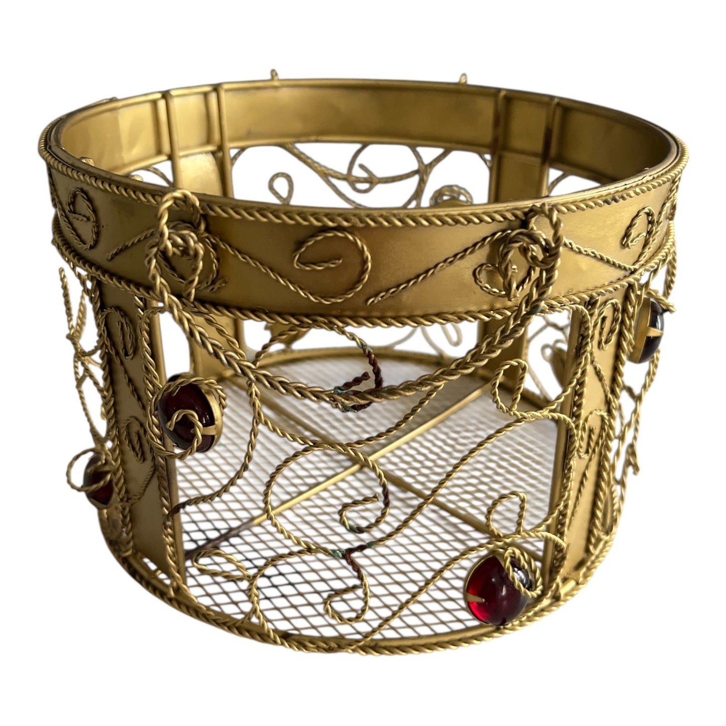 1990s Gold Wire Metal Candle Holder with Red Gem Accents – Round Scroll Design – 7x5
