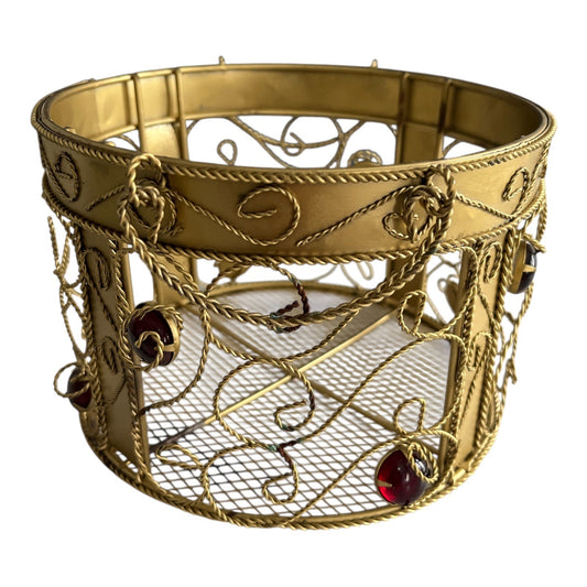1990s Gold Wire Metal Candle Holder with Red Gem Accents – Round Scroll Design – 7x5