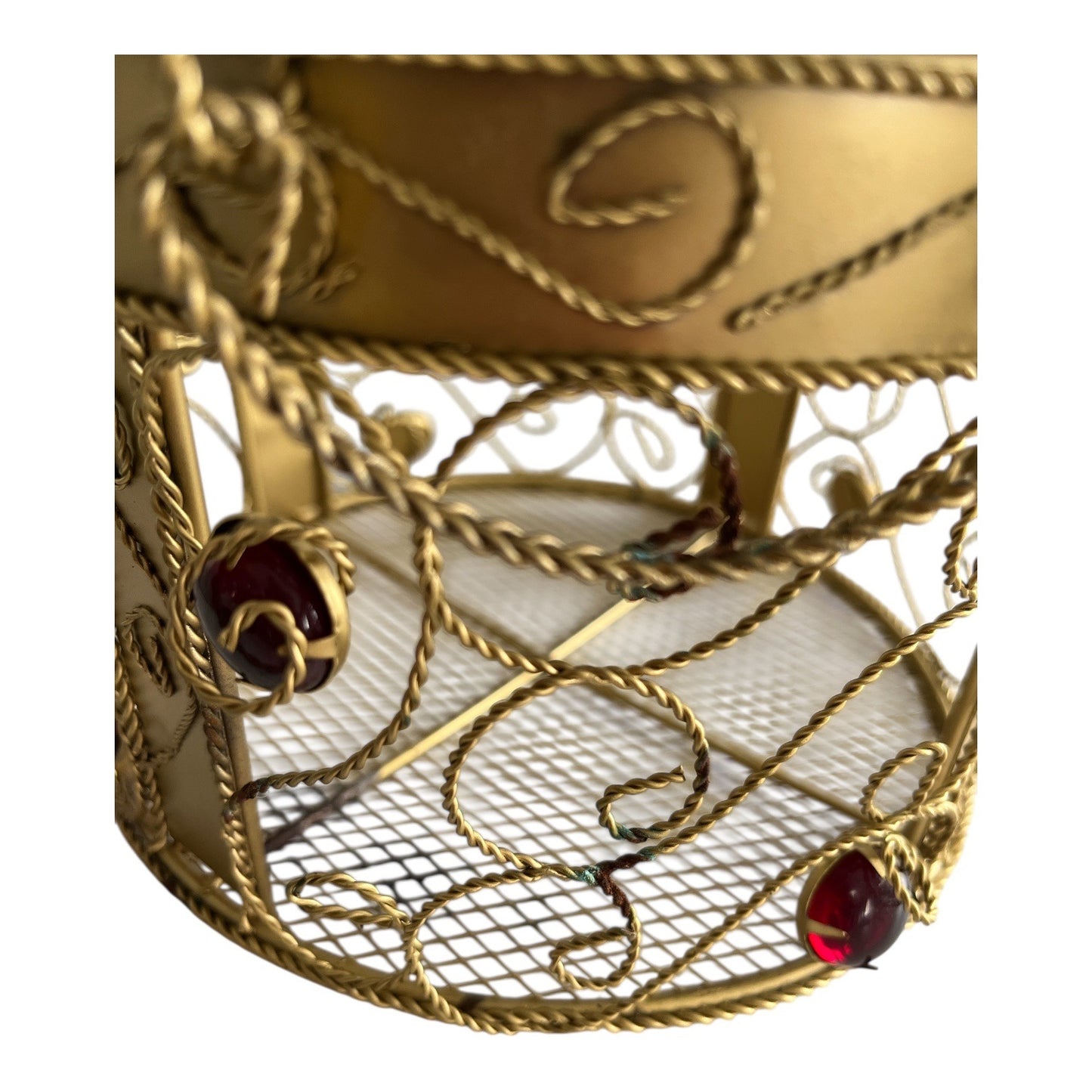 1990s Gold Wire Metal Candle Holder with Red Gem Accents – Round Scroll Design – 7x5