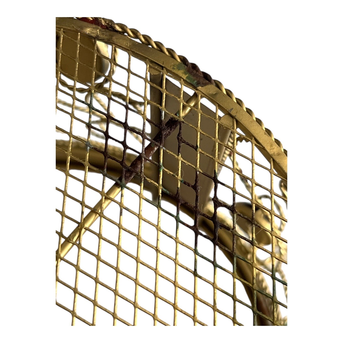 1990s Gold Wire Metal Candle Holder with Red Gem Accents – Round Scroll Design – 7x5