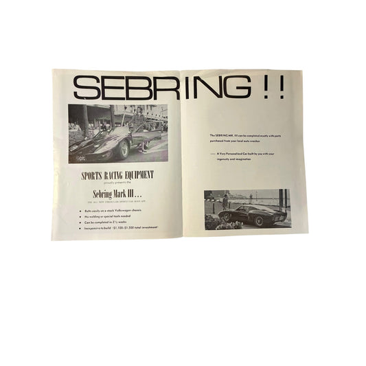 Vintage Sebring Mk III Sports Racing Equipment Brochure & Purchase Order VW Kit Car Catalog SRE