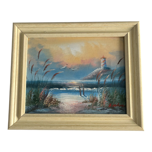 Vintage B. Nelson Lighthouse Seascape Oil Painting on Canvas Framed 10x13