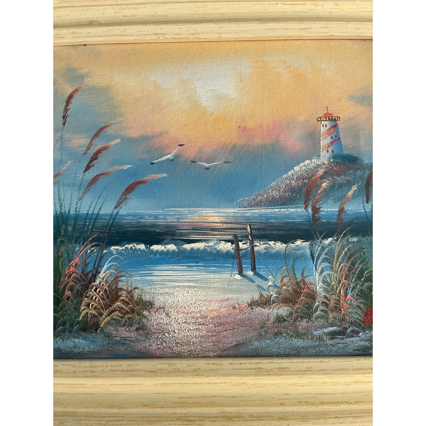 Vintage B. Nelson Lighthouse Seascape Oil Painting on Canvas Framed 10x13