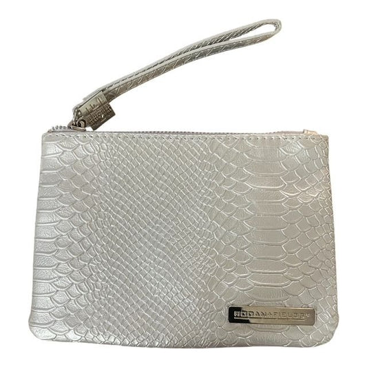 Rodan & Fields Cosmetic Make-up Bag Silver Textured Faux Snake Skin Wristlet - Small, Pink Lining