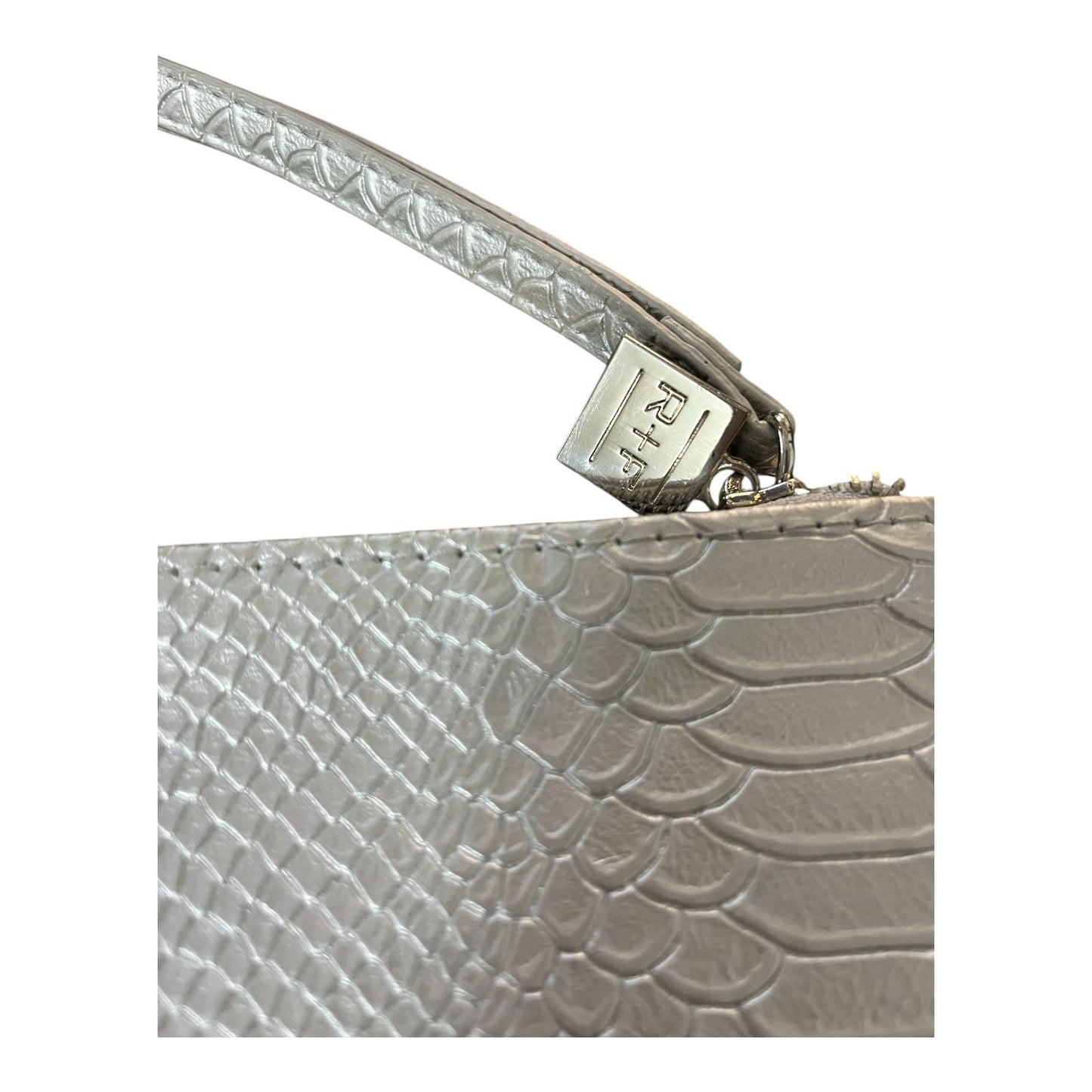 Rodan & Fields Cosmetic Make-up Bag Silver Textured Faux Snake Skin Wristlet - Small, Pink Lining