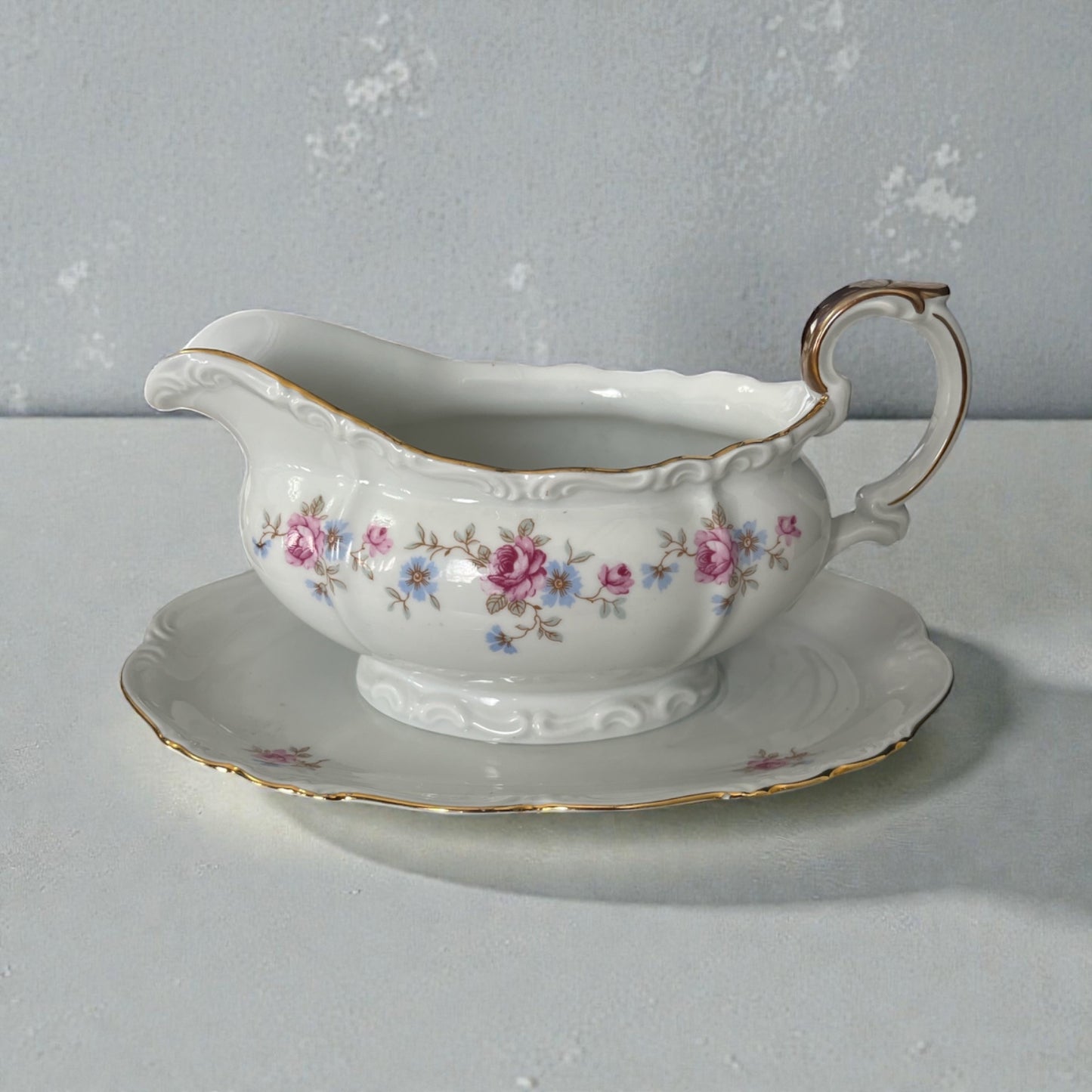 Vintage Edelstein Bavaria Florence Gravy Boat with Underplate Floral Gold Trim