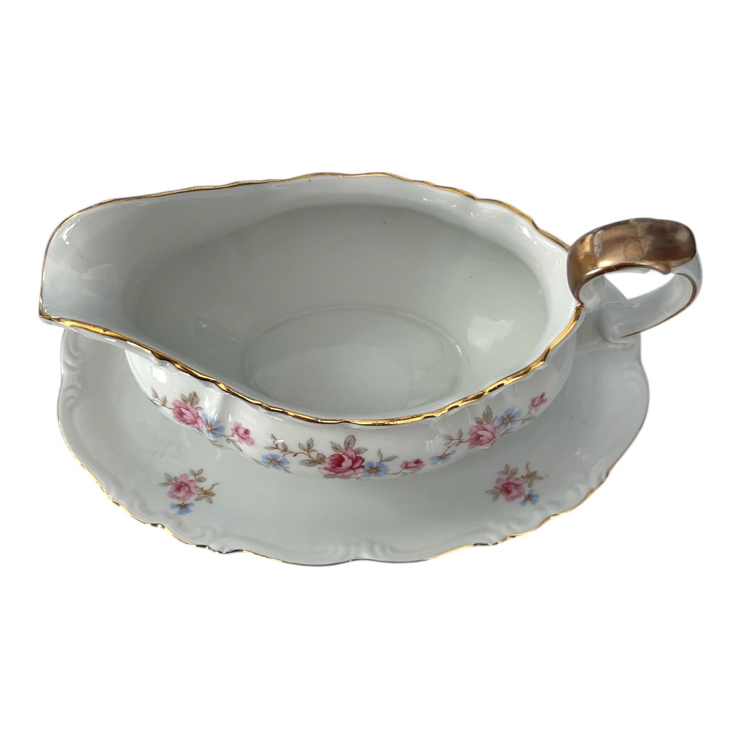 Vintage Edelstein Bavaria Florence Gravy Boat with Underplate Floral Gold Trim