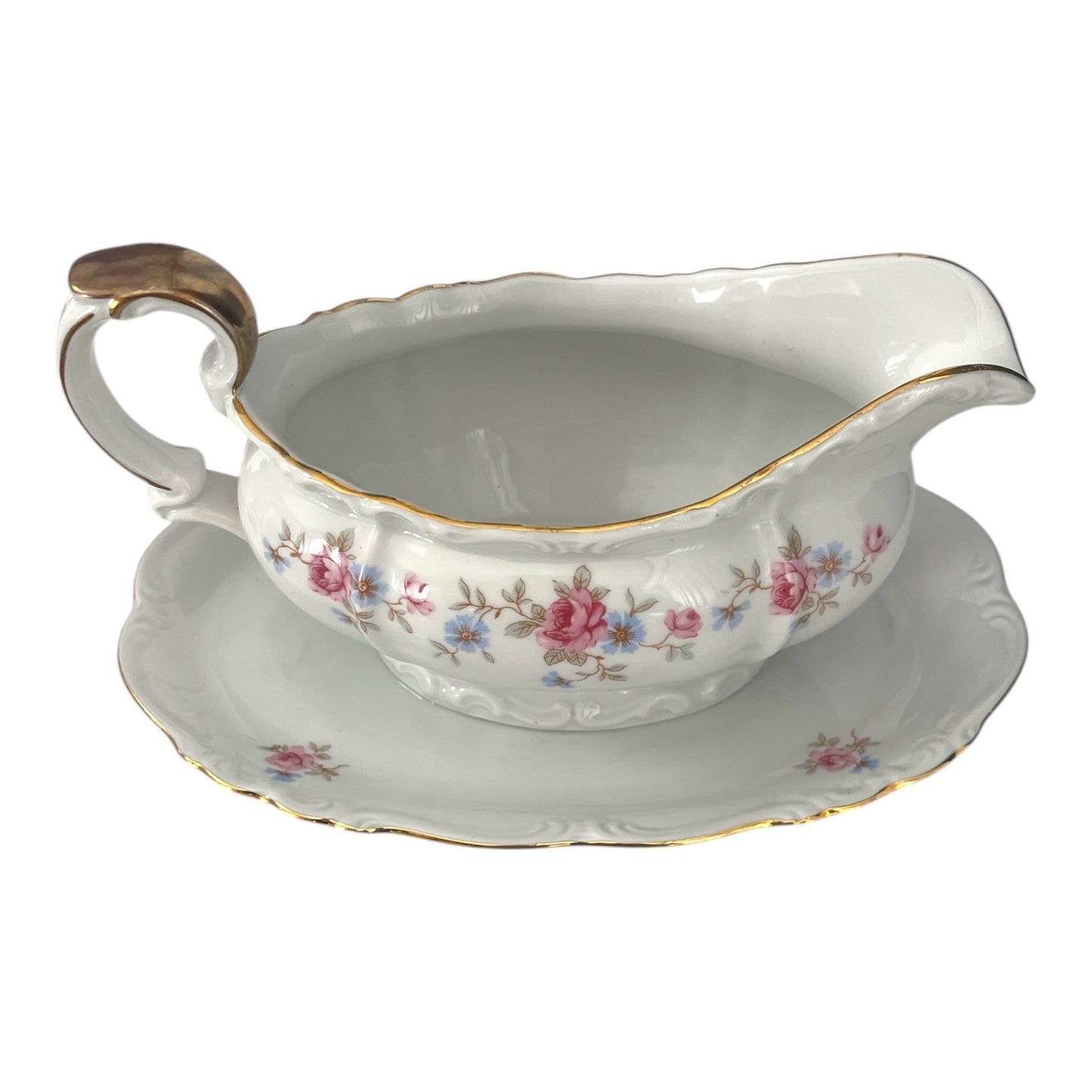Vintage Edelstein Bavaria Florence Gravy Boat with Underplate Floral Gold Trim