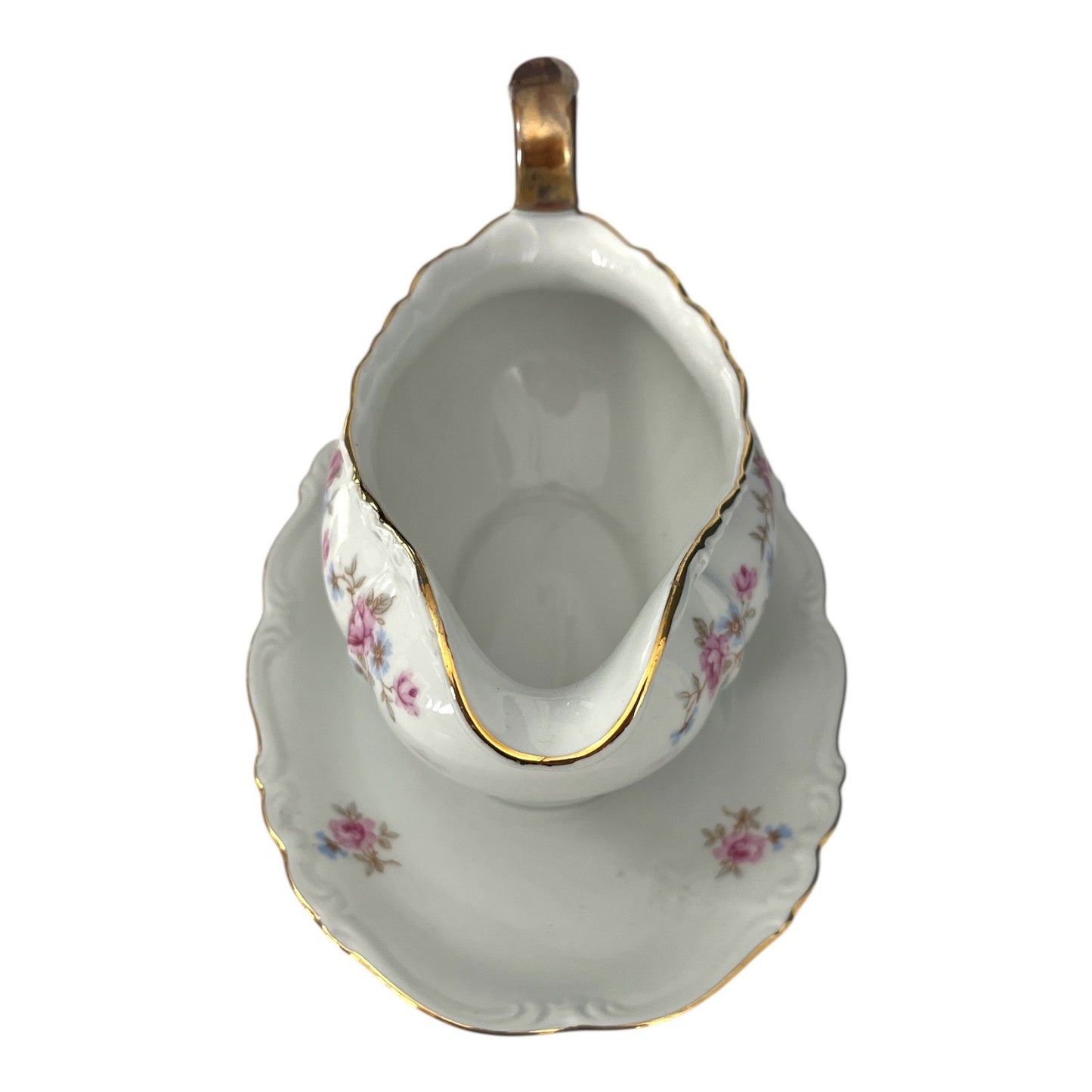 Vintage Edelstein Bavaria Florence Gravy Boat with Underplate Floral Gold Trim