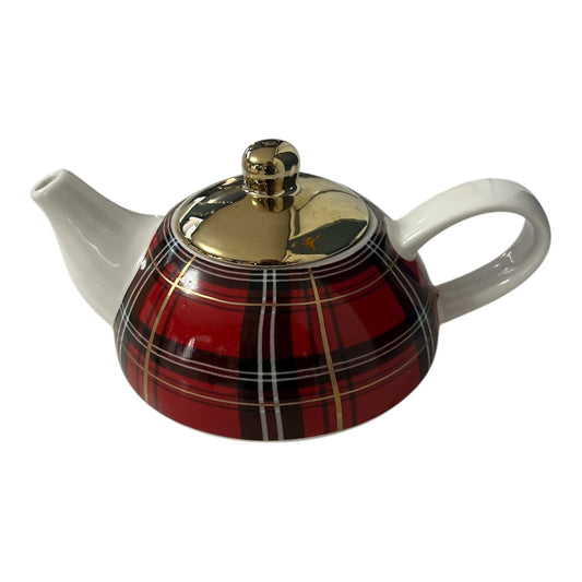 Ciroa Red Plaid Teapot with Gold Lid – Porcelain – Early 2000s