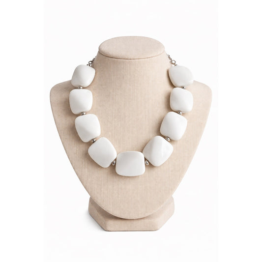Y2K Chunky White Beaded Statement Necklace Silver Tone Clasp Retro Mod Jewelry