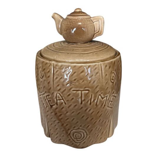 Vintage Ceramic Teapot-Top Tea Canister – 5.5” Tall – “Tea Time” & “Bath” Heart Design – Rustic Brown Glaze