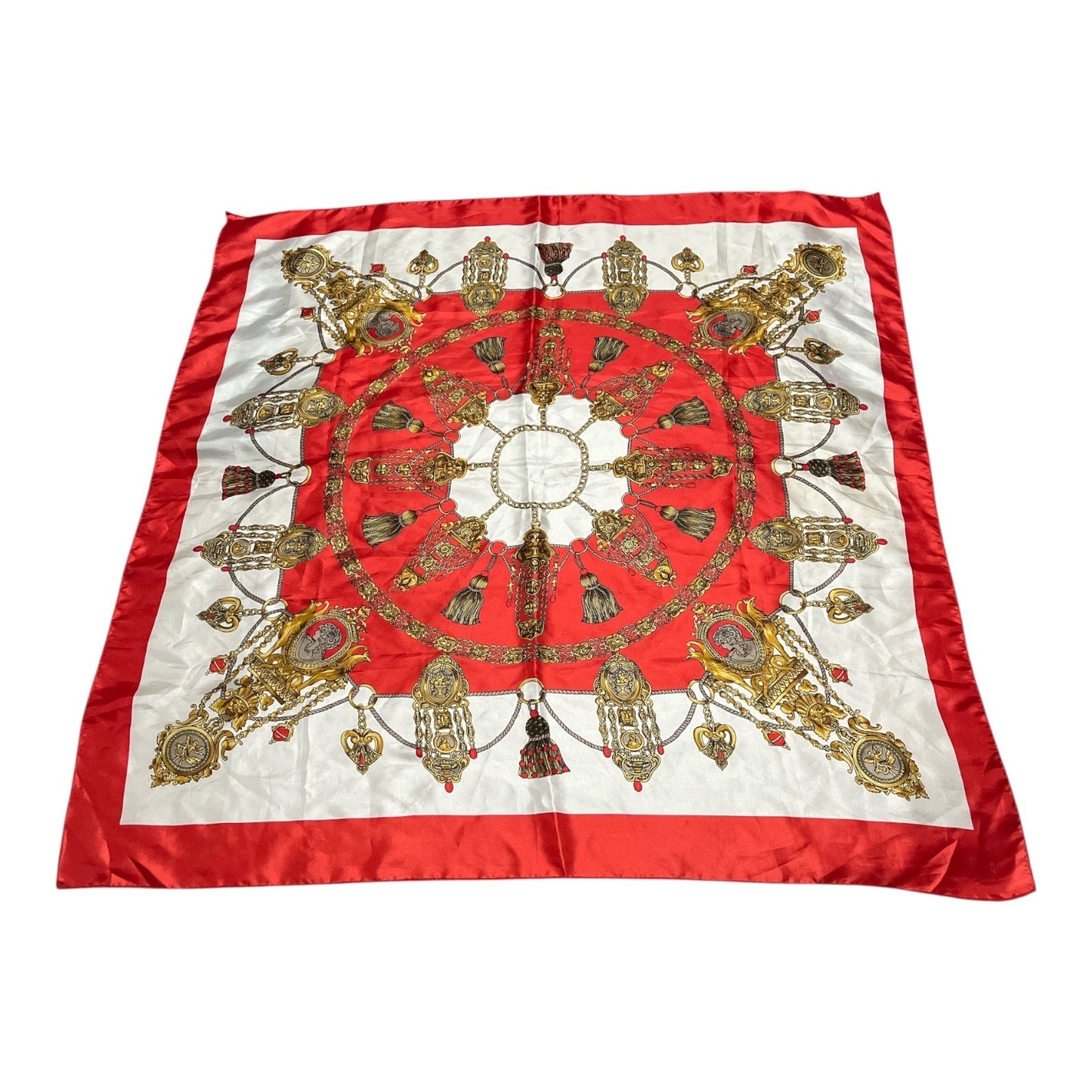 Vintage 1980s Berkshire Red & Gold Baroque Scarf – Made in Korea – 34" Square Polyester Satin