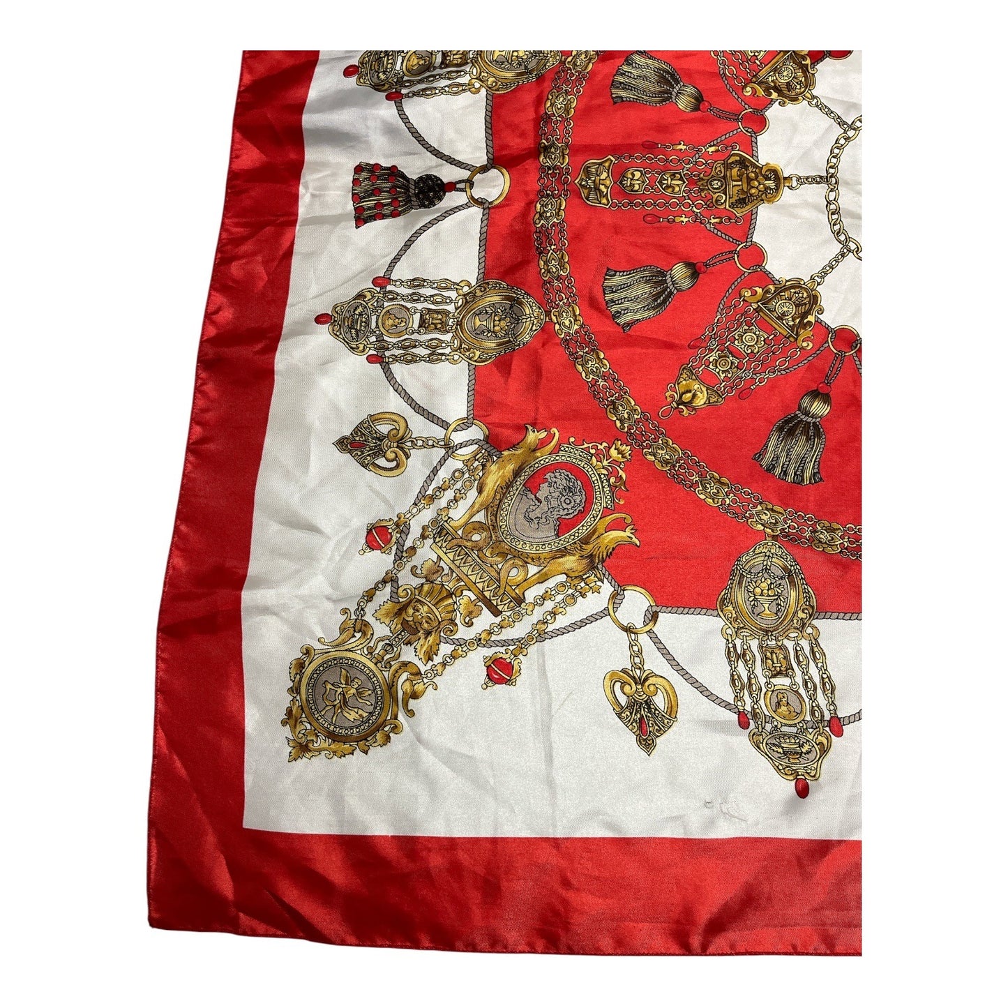Vintage 1980s Berkshire Red & Gold Baroque Scarf – Made in Korea – 34" Square Polyester Satin