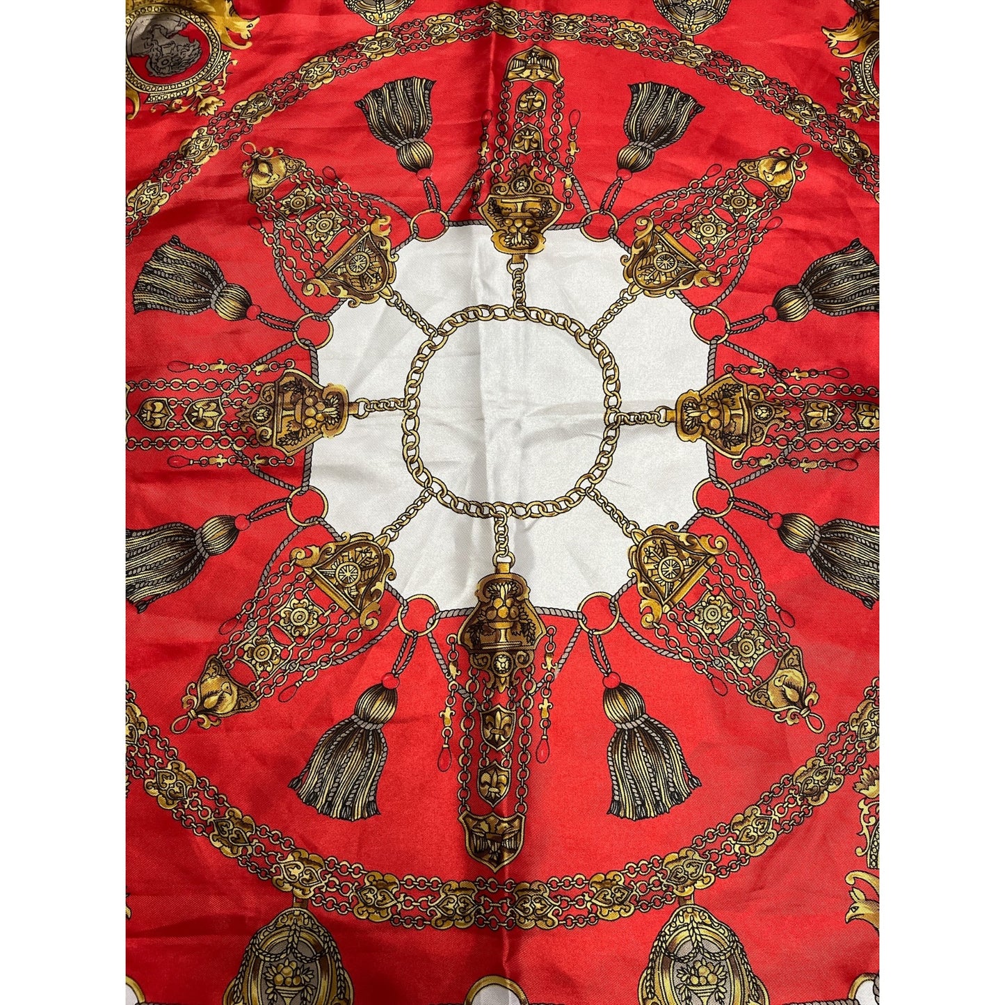 Vintage 1980s Berkshire Red & Gold Baroque Scarf – Made in Korea – 34" Square Polyester Satin