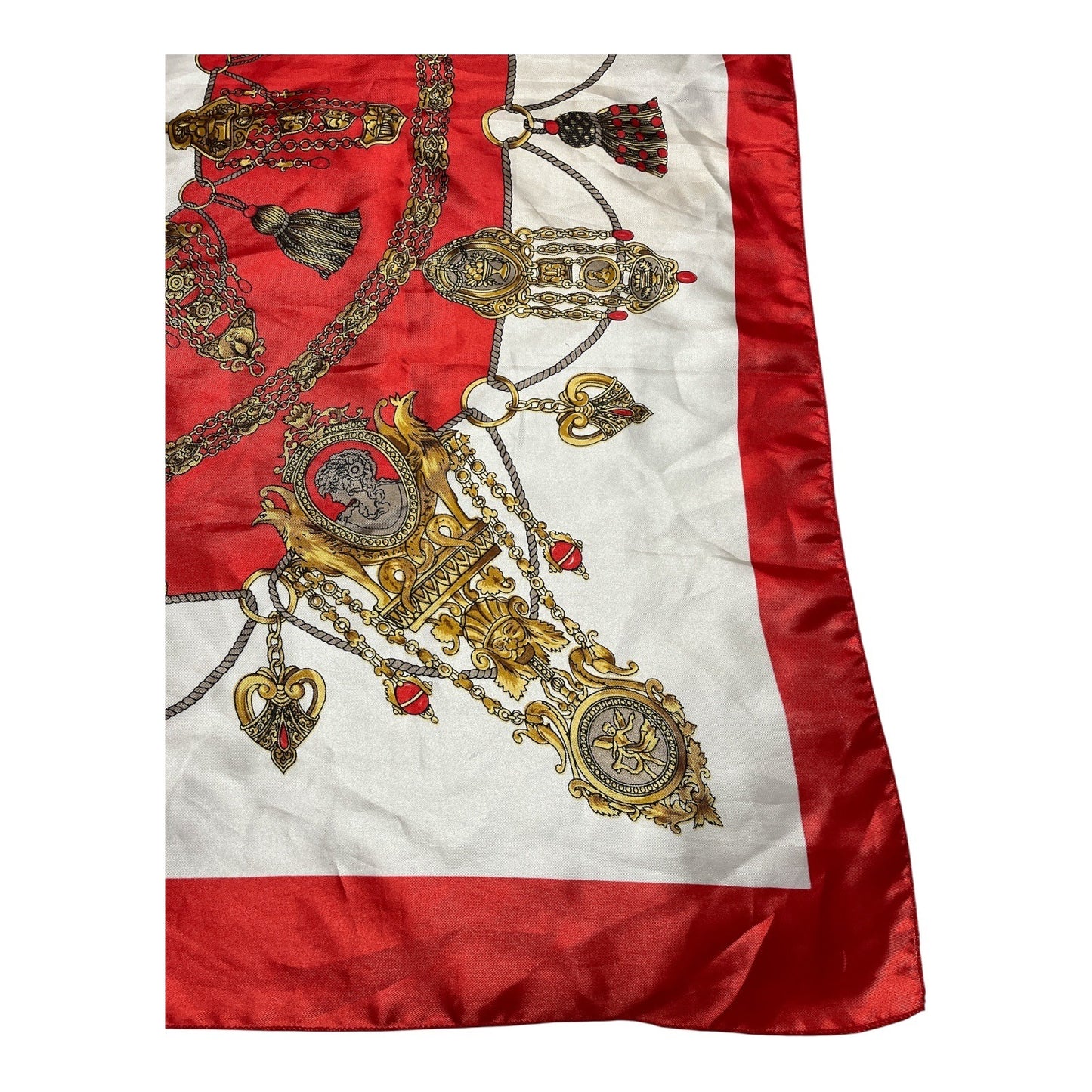 Vintage 1980s Berkshire Red & Gold Baroque Scarf – Made in Korea – 34" Square Polyester Satin