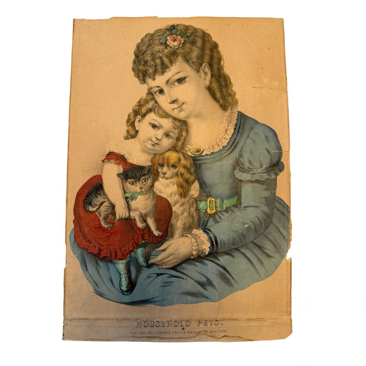 Antique Currier & Ives Household Pets Hand Colored Lithograph Print 152 Nassau St NY