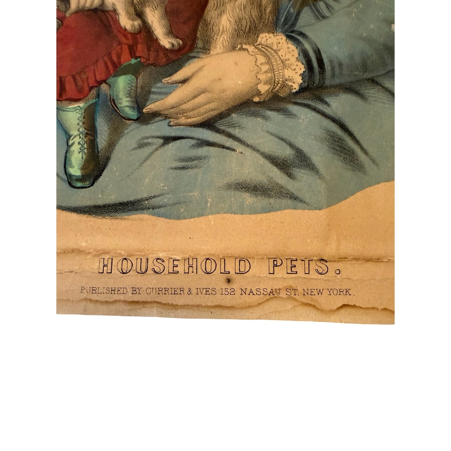 Antique Currier & Ives Household Pets Hand Colored Lithograph Print 152 Nassau St NY