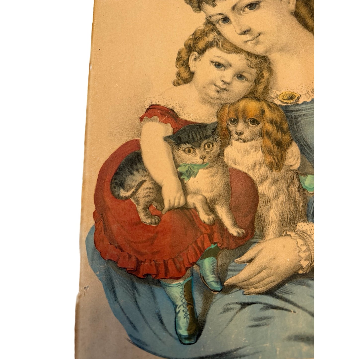 Antique Currier & Ives Household Pets Hand Colored Lithograph Print 152 Nassau St NY