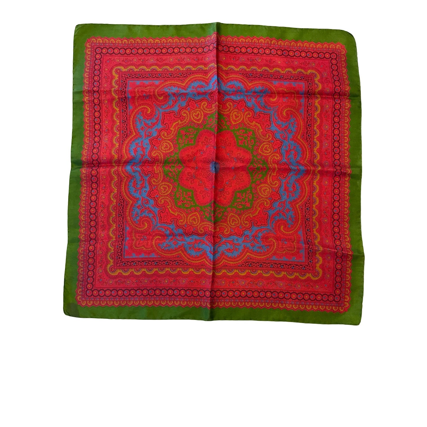 Vintage 18 Inch Floral Medallion Square Scarf Green Pink Blue Satin Feel Head Neck Scarf
