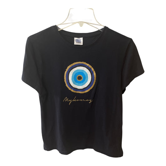 Y2K Mykonos Evil Eye Graphic T-Shirt Greece Ladies XXL Black European Sizing